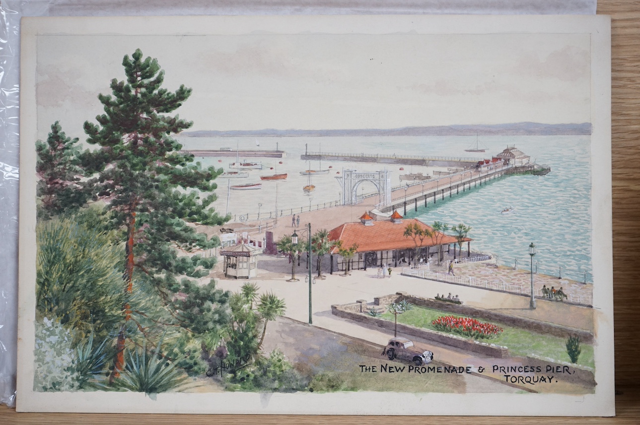 Charles Thomas Howard (1865-1942), a set of four original watercolours for postcard designs, Seaside towns comprising; ‘Swimming Pool, Minehead’, ‘Midland Hotel, Morecambe’, ‘East Cliff Putting Green, Sheringham’ and ‘Th